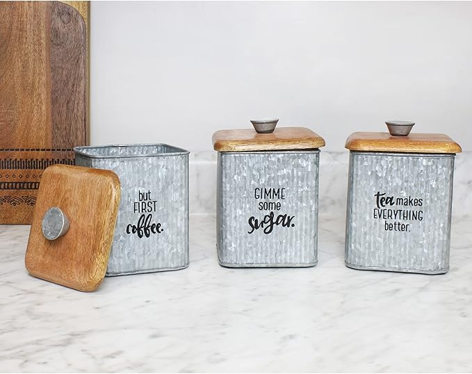AuldHome Design Farmhouse Galvanized Canisters (Set of 3); Storage Containers for Coffee, Tea and Sugar in Galvanized Iron and Wood Design