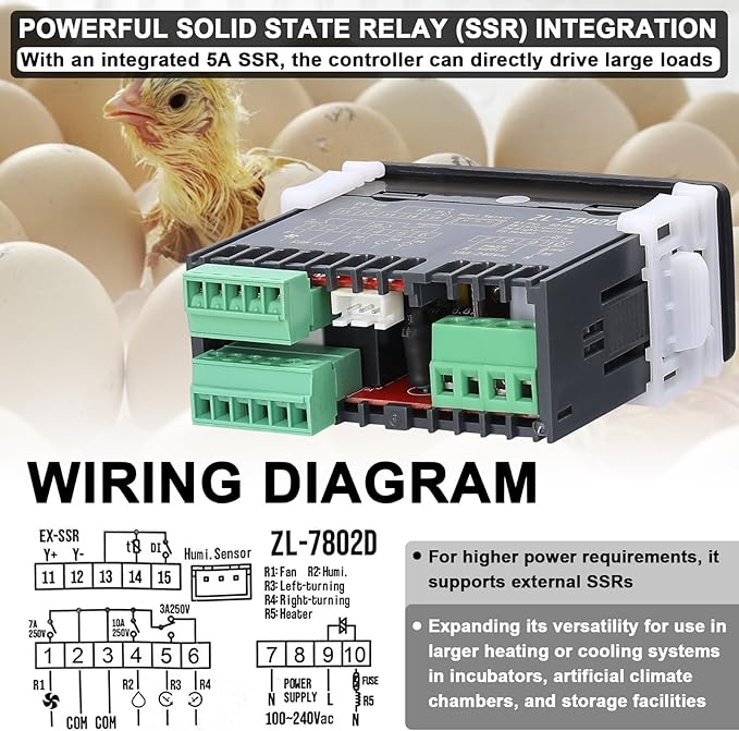 ZL-7802D Automatic Incubator,Digital Temperature Controller,Egg Incubator Controller Thermostat Hygrostat for Eggs Turning and PID Control