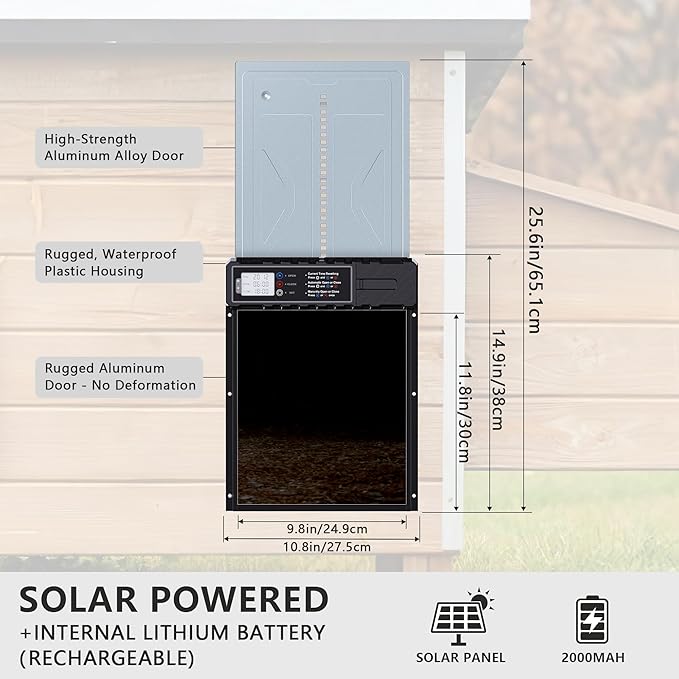 Automatic Chicken Coop Door Solar Powered with Timer & Light Sensor, LCD Display, Remote Control, 4 Modes Aluminum Alloy Auto Chicken Coop Door Solar, Anti-Pinch & Weather Proof
