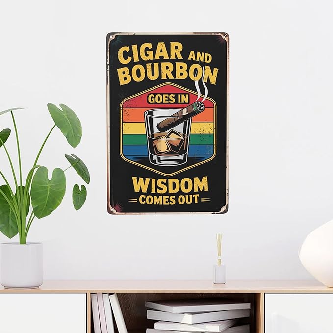 Novelty saying wall decor featuring Cigar And Whiskey Wisdom Comes Out Cigar Idea Metal Tin Sign Man Cave Bar Decor Perfect For Hanging In Lounge Office 8x12 inch metal sign for living room wall