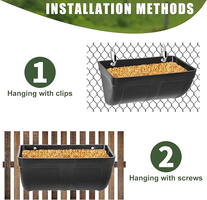 3 Pack Hanging Chicken Feeder Waterer Trough 4 Quart, Goat Feeding Supplies, Coop Fence Feeder, Feed Bucket & Water Container with Clips for Chicken Duck Piglet Sheeple Dog Livestock Poultry (Black)