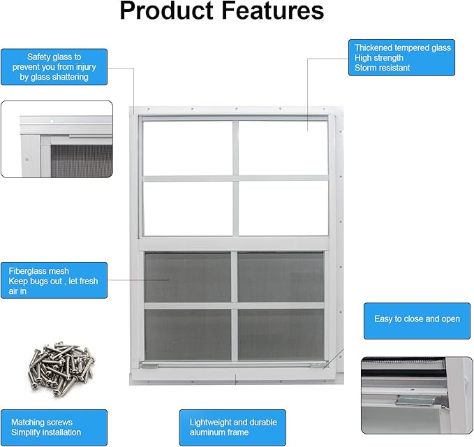 NeatiEase 2 Pack Shed Window, 12 x 18 Flush Mount Window with Tempered Glass and Fiberglass Screen for Shed, Chicken Coop, Playhouse, Household, Garage