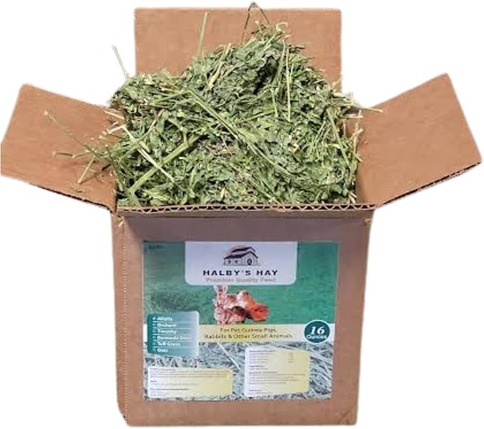 HALBY'S HAY, PREMIUM QUALITY FEED™ Premium Alfalfa Flake Hay – 1 lb Box – Farm Fresh, Sun-Cured, Feed for Rabbits, Guinea Pigs, Chinchillas & Small Pets – Soft, Green, Box-Packed USA Grown