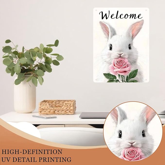 Easter Bunny Vintage Tin Sign Welcome Rabbit Decorations Fun Decor for Home Wall Yard Garden 12X16Inch