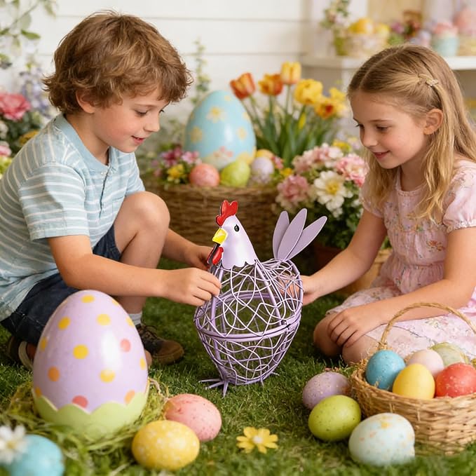 Iron Wire Hen Shape Egg Basket, Egg Holder Farm Fresh Egg Storage Container Decorative, Chicken Decoration for Kitchen Dining (Purple)