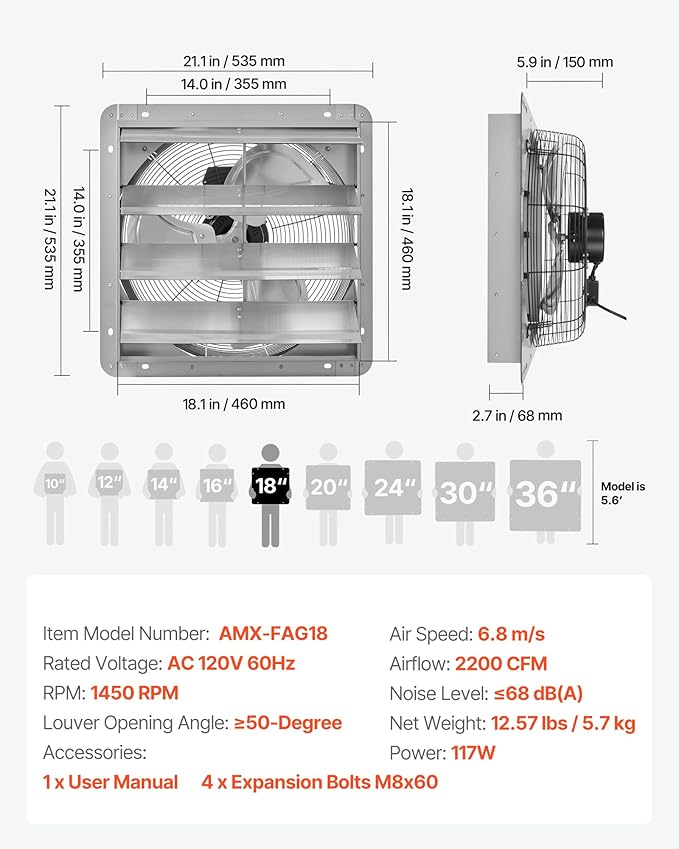 VEVOR 18'' Exhaust Fan, Wall Mounted Attic Fan with Variable Speed, 2200 CFM, Automatic Shutter, Ventilation and Cooling, Silver, Fan Only