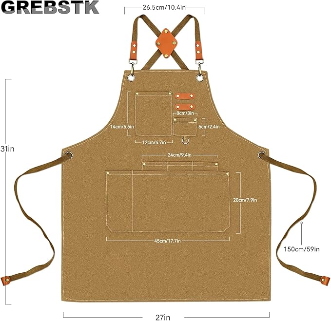 GREBSTK Work Apron Cross Back Adjustable Canvas Tool Apron for Woodworking, Gardening, Cooking