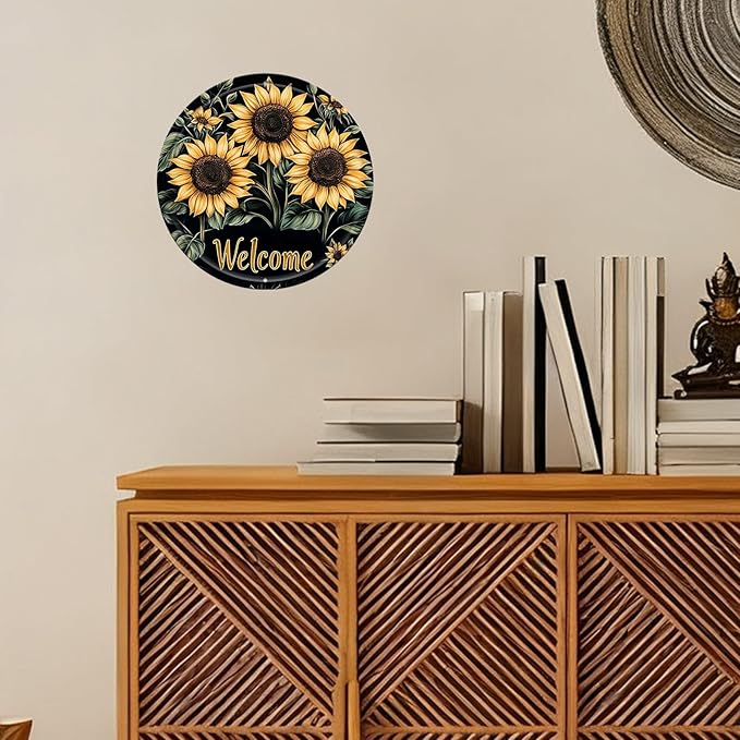Sunflower Round Metal Tin Sign Wreath Welcome Metal Tin Sign Vintage Aluminum Wall Art for Home Garden Porch Yard Fence Retro Wall Decor 12x12inch
