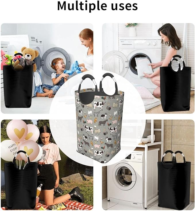 Farm Animals Laundry Basket Cow Foldable Laundry Hamper Pig Collapsible Laundry Baskets with Handles Clothes Hamper Laundry Tote Bag for Dorm Family Storage Bin 50L