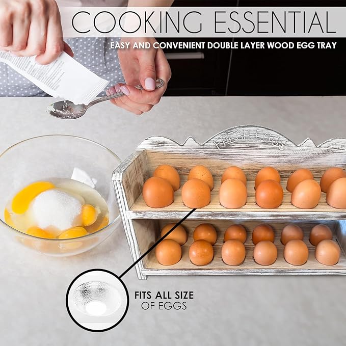White Premium Pine Wooden Egg Holder 2-Tier Durable 24-Egg Storage Solution Ideal for Modern and Rustic Kitchen Fresh Eggs
