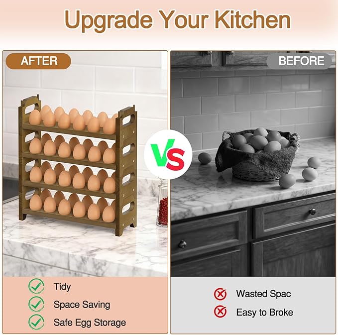 Tuenort Wooden Egg Holder for Countertop, 4 Tier Egg Rack for 48 Eggs, Kitchen Counter Wood Egg Organizer Tray Racks, Fits Quail, Duck, Turkey, Chicken Eggs