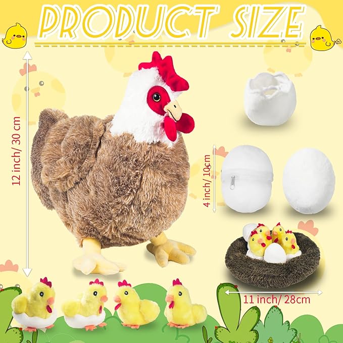 9 in 1 Chicken Stuffed Animal Set, Stuffed Chicken Plush Toy Egg Laying Hen with Zipper and Baby Chicks Plush Chickens, Eggs and Coop Chicken Toys for Kids Girls Boys Birthday Easter Stuffers Gifts