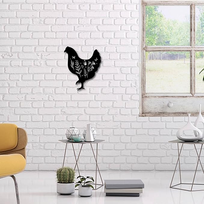 CREATCABIN Metal Chicken Wall Art Rooster Iron Wall Decor Wall Hanging Silhouette Sculpture Farmhouse Sign for Indoor Outdoor Home Living Room Kitchen Garden Office Decoration Gift Black 12 x 10 Inch