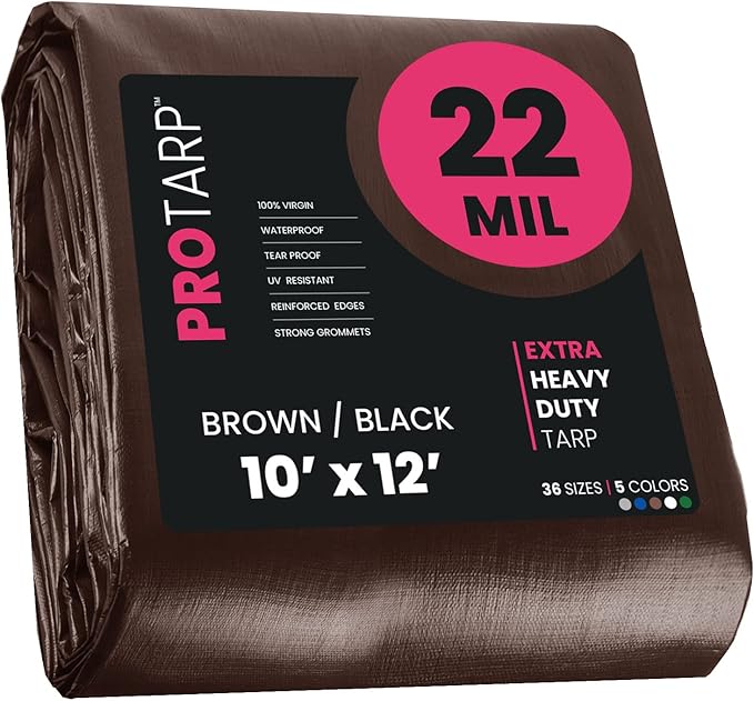 PROTARP Extreme Heavy Duty 22 Mil Tarp Cover, Waterproof, UV Resistant, Rip and Tear Proof, Poly Tarpaulin with Reinforced Edges for Roof, Camping, Patio, Pool, Boat. (Brown/Black 10′ X 12′)