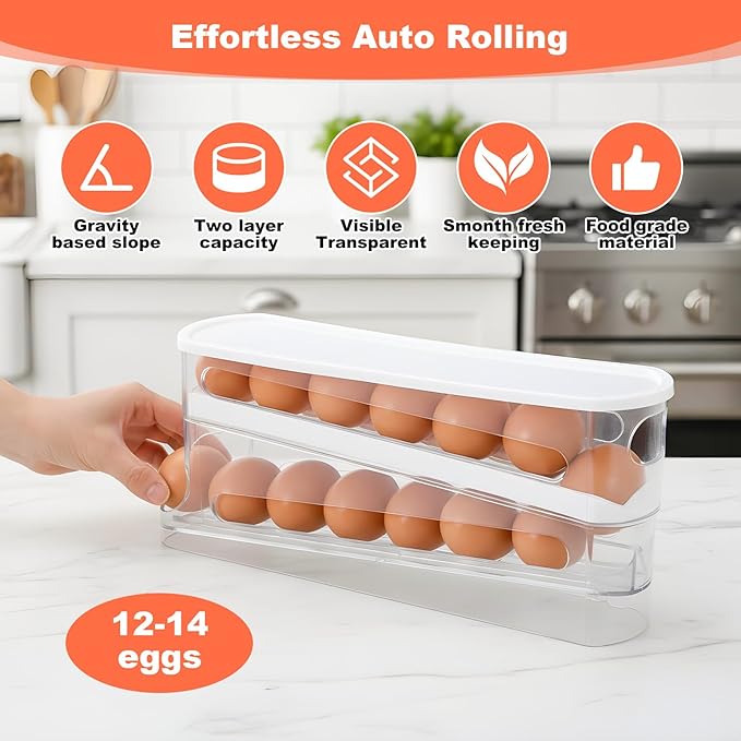 Egg Holder for Fridges 2 Pack, Auto Rolling Fridge Egg Carton 14 Grid Space Saving Clear Eggs Storage Box Eggs Dispenser Rolls Stackable Container with Lid for Fridge and Kitchen Cabinet