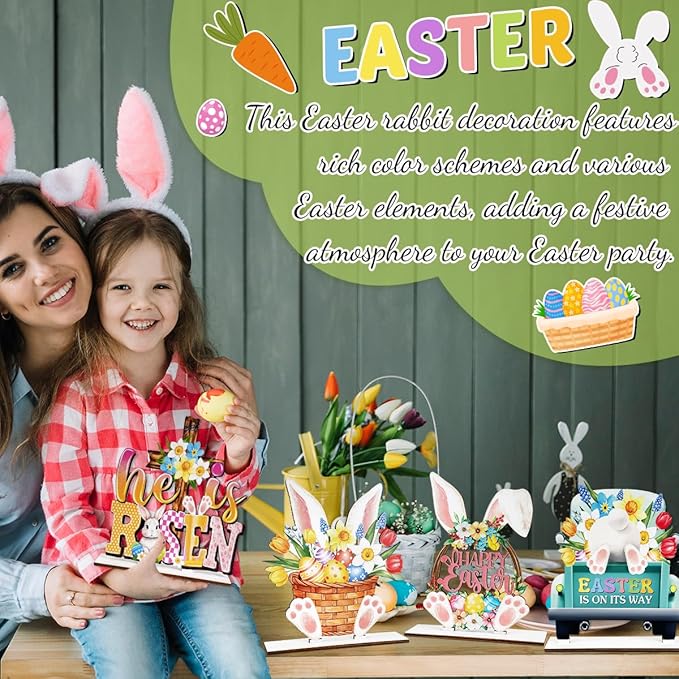 Easter Decor- 4pcs Wooden Easter Bunny Table Centerpieces for Tabletop Rustic Bunny Wood Table Sign with Eggs and Flower Ornament, Farmhouse Rabbit Decorations for home, Office, and Party Suppliers
