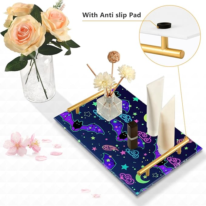 Bathroom Vanity Tray Counter Organizer, Depicting Bats Decorated Bright Decorative Tray with Handles Countertop Storage for Bathroom Bedroom Kitchen Home Farmhouse