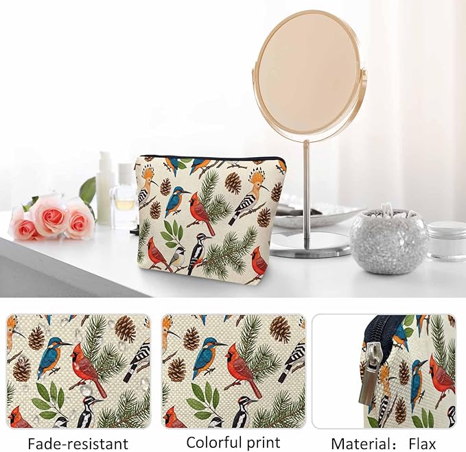 Makeup Bag For Purse Cardinal Bird, Tropical Christmas Cardinal Robin Bullfinch Cosmetic Bags For Women Zipper Travel Toiletry Pouch Makeup Bags Makeup Organizers For Toiletries Cosmetics