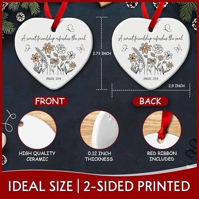 Friendship Gifts for Women, Christmas Hanging Ornaments, Cute Floral Gift for Girl Friend BFF - Sweet Friends Ornament with Bible Verse