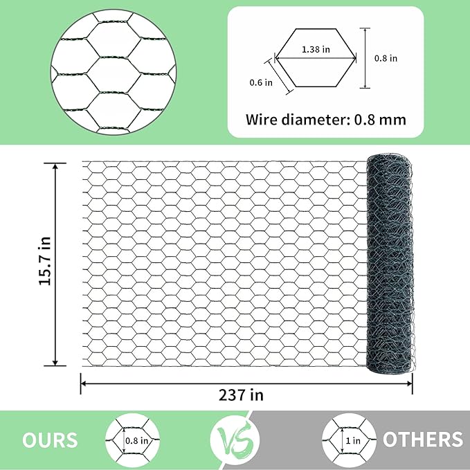 Chicken Wire 15.7 in x 237 in Poultry Wire Netting Hexagonal Galvanized Mesh Garden Fence Barrier for Pet Rabbit Chicken Fencing with 100 Pcs Cable Zip Ties(PVC-Coated)