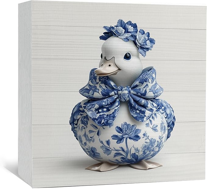 Blue And White Chinoiserie Grand Millenial Duck Decor Signs,Bow Blue Duck Floral Home Signs,Chinoiserie Porcelain Desk Decorations,Farmhouse Animal Office Kitchen Bathroom Decor
