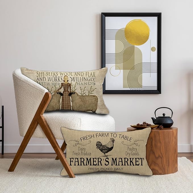 Retro Farmhouse Chicken Pillow Covers 12x20 inch Vintage Thanksgiving Day Farmer's Market Cock Poultry Goods Dairy Fresh Produce Lumbar Pillow Farm Decor Throw Cushion Case for Home Couch Pillowcase