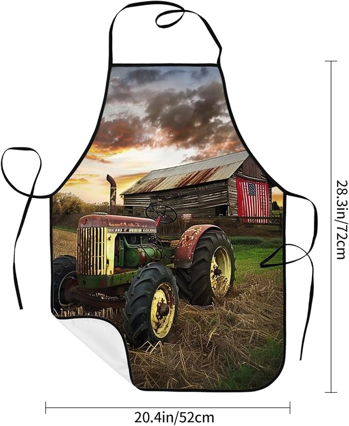 Old Tractor Photo Farm Printed Adjustable Chef Apron with Pockets - Unisex Cooking Apron for Kitchen Grill Painting & Restaurant Use