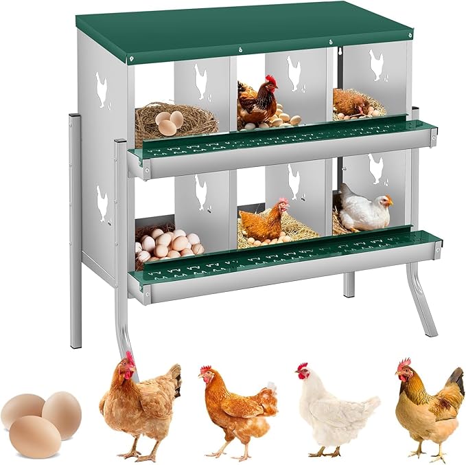 6-Hole Chicken Nesting Box, Rustproof Galvanized Steel, Wall-Mounted Metal Laying Box for Hens, Easy Egg Collection & Cleaning, Roll Away Nest Boxes - Green