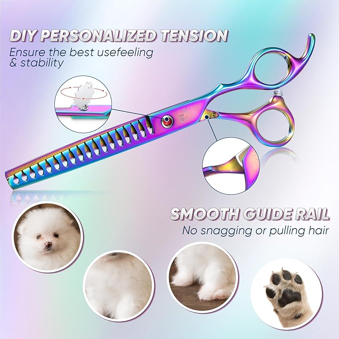 7" Dog Grooming Scissors Kit Multicolour, Premium Japanese 440C Stainless Steel Straight Scissors, Thinning Shears, Curved Scissor, Chunker Shears with Steel Comb for Precise Styling