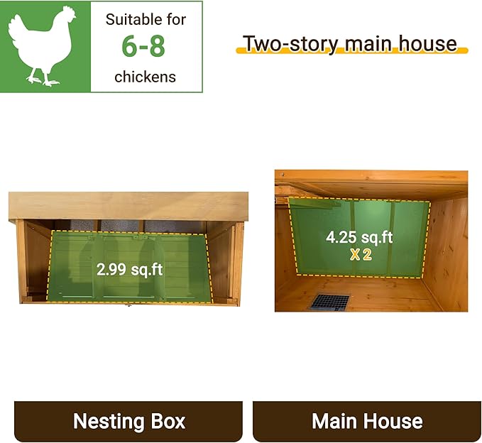 Chicken Coop, 2-Story Large Wooden Hen House for 6-8 Chickens with 3-Nesting Boxes & 2-Easy Clean Pull-Out Tray, 2-Secure Vents, Foldable Ramp & Waterproof Flip-Up Roof, Orange