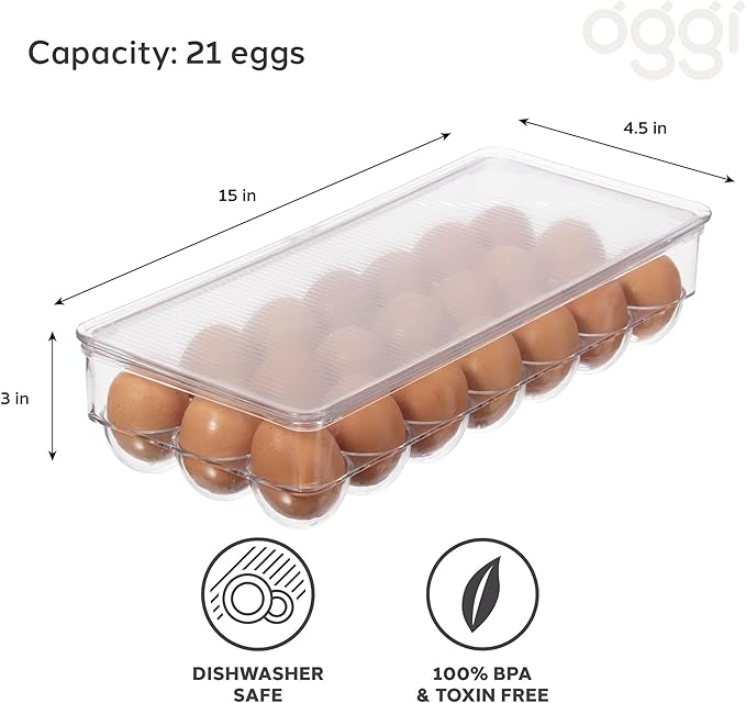 Oggi Stackable Covered Egg Holder - Kitchen Organization, Fridge Organizer, Food Storage, Clear Stackable Storage Bins, 21 Egg Tray