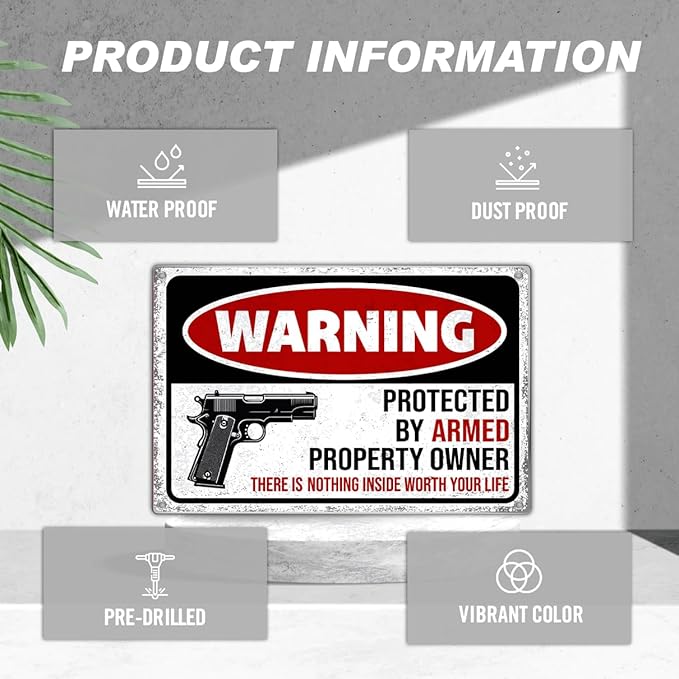 Metal Sign 12 x 8 Inch Warning Protected By Armed Property Owner Security Notice For Home Garage Yard Wall Decor Indoor Outdoor Aluminum Art Vintage Kitchen