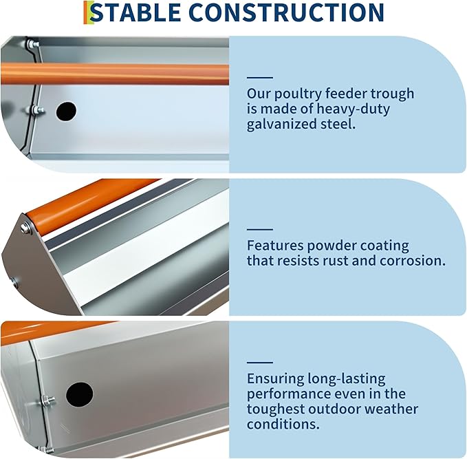 Chicken Feeding Trough 45 Inch, Heavy Duty Galvanized Steel Coop Feeder with Crossbar & Drainage Holes, Large Capacity Metal Poultry Trough Feeder for Ducks, Birds Orange