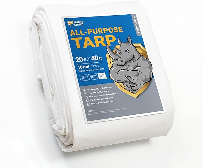 GUARD SHIELD Heavy Duty Tarp 20x40 Feet White Multi Purpose Thick Waterproof Poly Tarp Cover 10mil