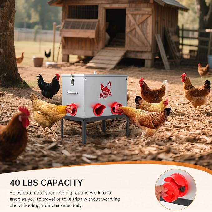 LUIHER Chicken Food Dispenser 40lb 6 Ports Large Capacity Galvanized Metal Poultry Feeder with Legs and Lids - Reduces Refilling Frequency - No Waste Chicken Feeding Equipment for Hen Coop