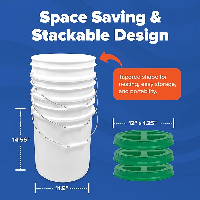 ePackageSupply 5 Gallon White Bucket with Green Gamma Seal Screw on Airtight Lid | Made in USA | Food Grade | Heavy-Duty HPDE Plastic | Durable 90 Mil Pail | Easy Stack and Store | BPA Free (6 Count)