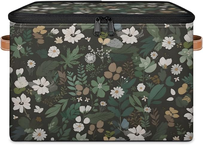 Boho Wildflowers Storage Bins with Lids, Sage Green Leaves Fabric Storage Boxes with Zipper, Collapsible Decorative Closet Organizer Cube for Clothes, Organizing, Shelves