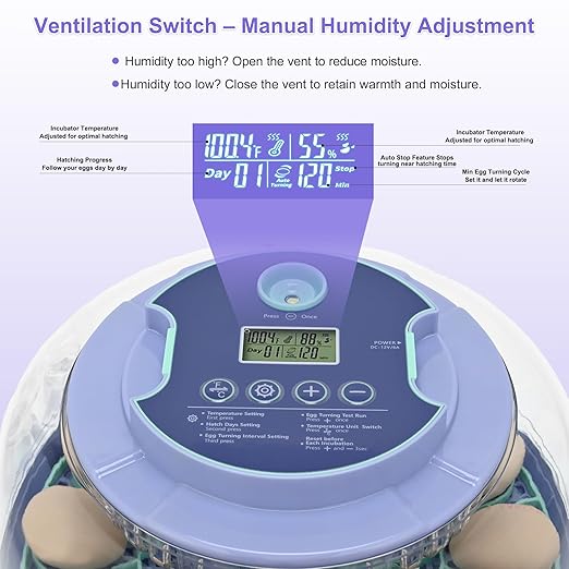 18 Egg Incubator for Hatching Chicks, Automatic Egg Turner Holds 18 Eggs, Smart Incubator 360° Clear Window with Temperature and Humidity Display Egg Candler for Small Poultry Ducks Quails Eggs