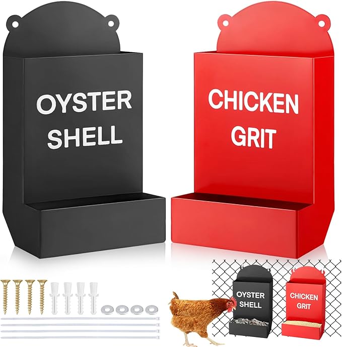 2PCS Heavy Duty Chicken Grit Oyster Shell Feeder - No Waste & No Mess, 6'' x 10'' Rust-Proof Metal Automatic Poultry Feeder, Gravity-Fed Hanging Feeder for Coop, Ducks, Pigeons, Dove