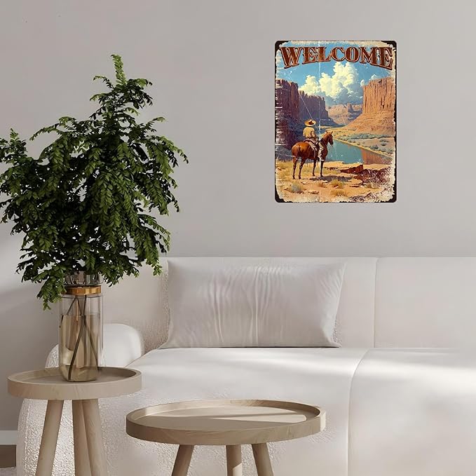 Vintage Cowboy Tin Sign Welcome Retro Wall Decor Nostalgic Art Funny Metal Poster Bedroom Store Cafe Toilet Kitchen Bar Office Living Room Pubs Shop Farmhouse Man cave 12 * 16inch