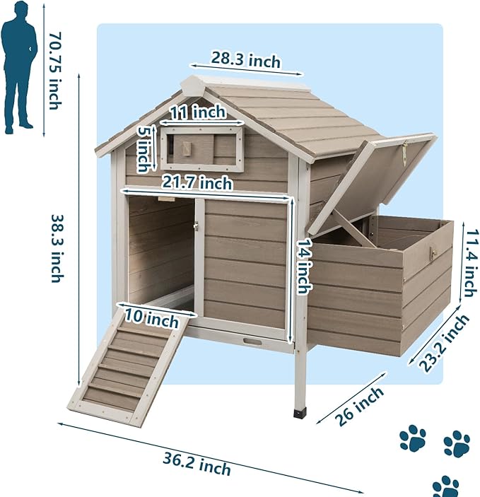 Chicken Coop Chicken House Outdoor with Removable Trays, Wooden Rabbit Hutch Poultry Cage with Nesting Box, Indoor Hen House Chicken Cage with Ramp for Garden Backyard (36.2"L x 26"W x 38.3"H)