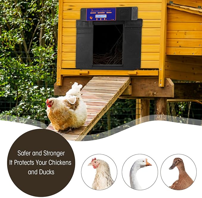 Automatic Chicken Coop Door Opener, Intelligent Double Open Timer LED Display with Solar Battery Power and Anti Pinch Function, for Chickens Ducks Geese Poultry (Black)