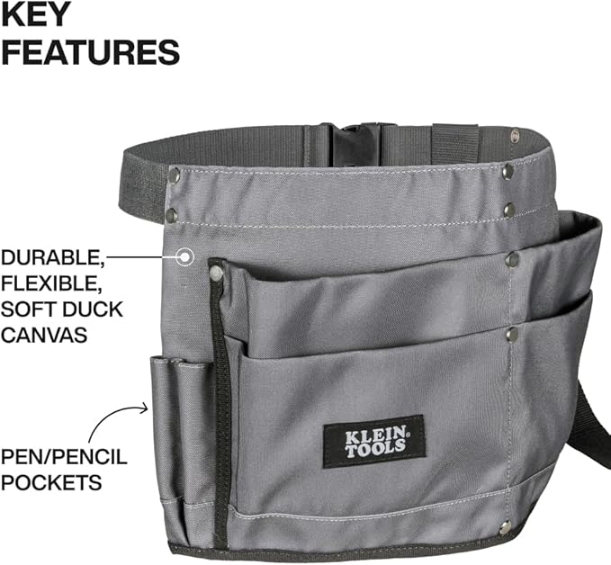 Klein Tools 21022 6-Pocket Tool Apron, Durable Duck Canvas with Riveted Seams, Adjustable 28-Inch to 46-Inch Length Work Belt, Removable Tape Measure Loop