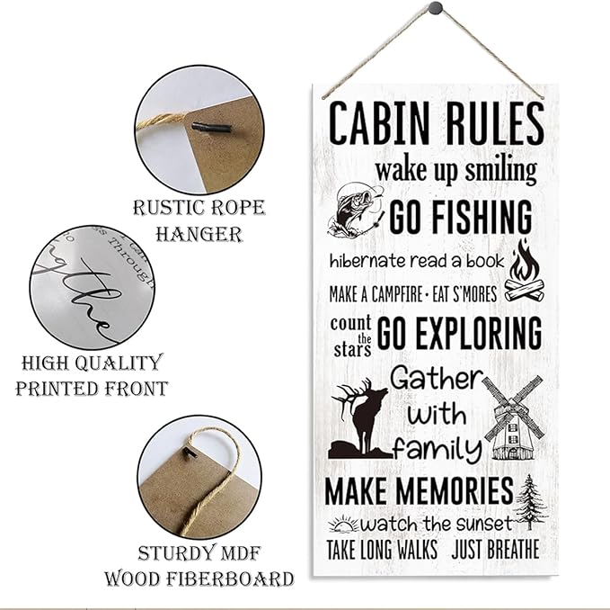 Cabin Rules Sign, Lake House Decor, Decorative Wood Hanging Wood Plaque, Positive Home Decor, Rustic Door Sign, Country House Decoration, Farmhouse Style Cabin Sign for Home Decoration Gifts