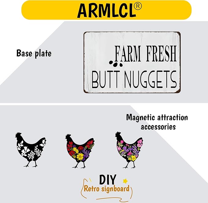 Funny DIY Magnetic Attraction Design,Vintage Chicken Decor Metal Sign, Funny Farmhouse Kitchen Wall Art, Unique Home Decor Gifts for Women, Farmhouse Style Enthusiasts, Retro Chicken Coop Accessories,8*12 Inch (Medium Grey)