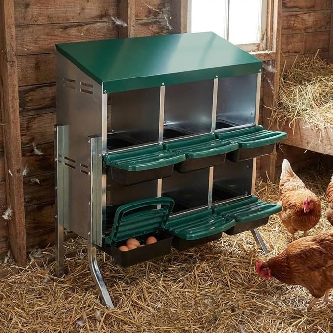 GarveeHome 2-Tier Chicken Nesting Box, 6 Compartment Metal Chicken Laying Boxes with Waterproof Roof ＆ Removable Trays for Hens, Poultry，Easy Egg Collection