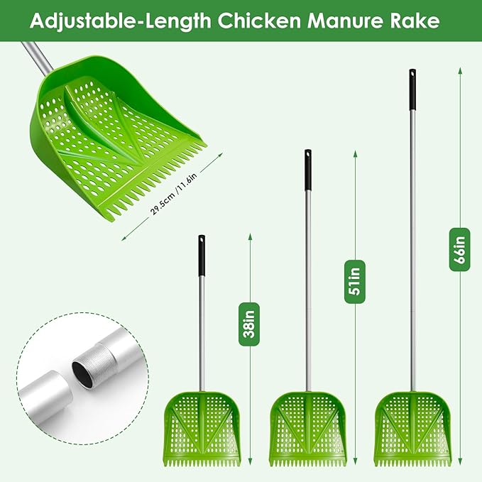 Chicken Poop Scooper & Rake 2-in-1, Adjustable Handle Length from 38" to 66", Features Manure Sifting Capability – Ideal for Chicken Coops and Farm Animal Cleaning (Green)