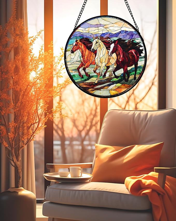 Stained Glass Window Hanging, Galloping Horses Sun Catcher for Door Home Decor Colorful Suncatcher Christmas Mother's Day Birthday Gifts for Women Men Mom and Nana 11.8 in