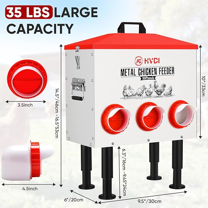 HVDI 30lbs - 40lbs Large Automatic Chicken Feeder, Adjustable Stand, 6 Feeding Ports, Sloped Roof Rainproof Design Poultry Feeder (Small)