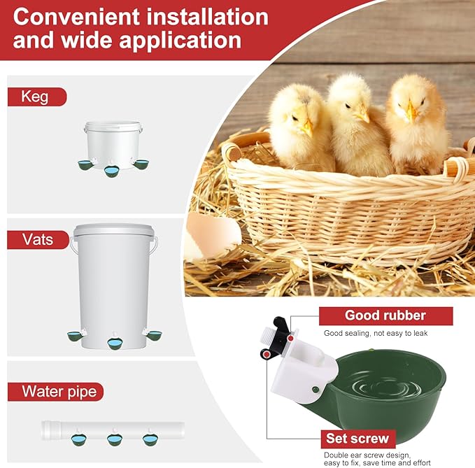 Chicken Waterer Cups (16 Pack/Green) - DIY Automatic Large Chicken Water Feeder for Ducks Quail and Various Poultry Dispenser with Matching Drill, Double Rubber Ring, Not Leaking Wate